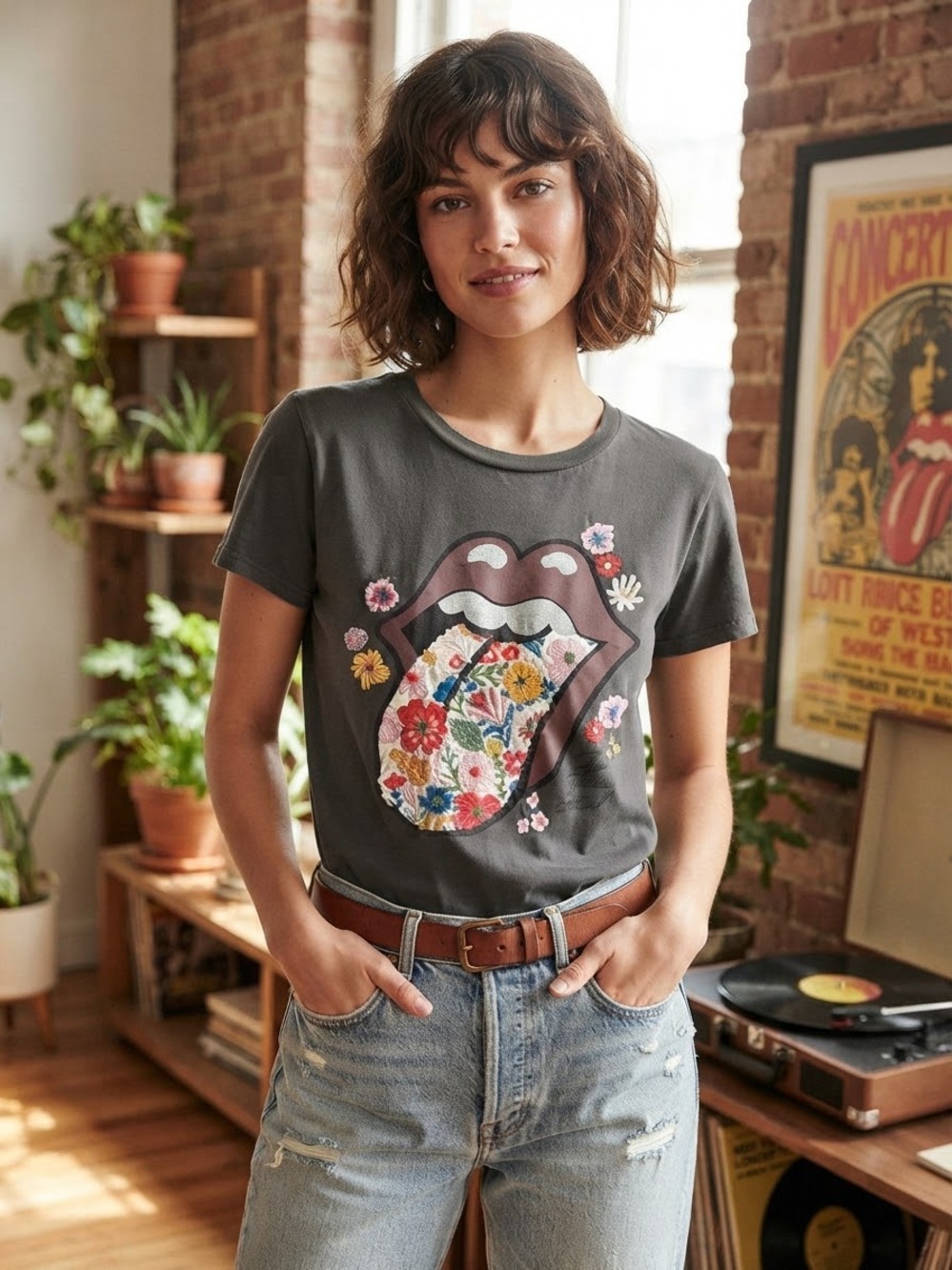 Lucky Brand - Women's Charcoal Floral Rolling Stones Graphic Tee